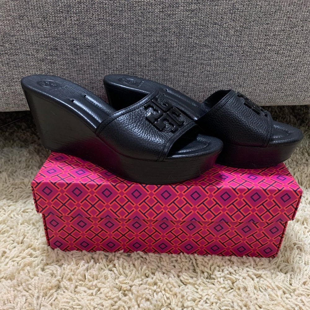 Tory Burch Black leather wedges